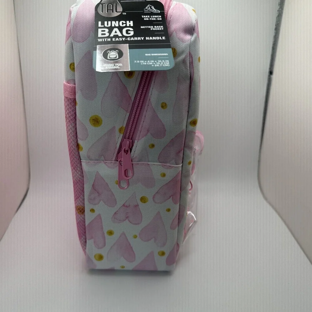 TAL Kids Insulated Lunch Bag Pink Hearts Gold Polka Dot Sequin Shaker Pocket NEW